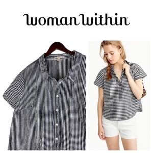 Woman Within 3X 4X 30 32 Shirt Top Blouse Gingham Plaid Black White Button Down